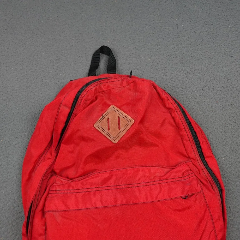 Vintage Eddie Bauer Backpack Red Daypack Leather Lash Patch Black Straps Hiking
